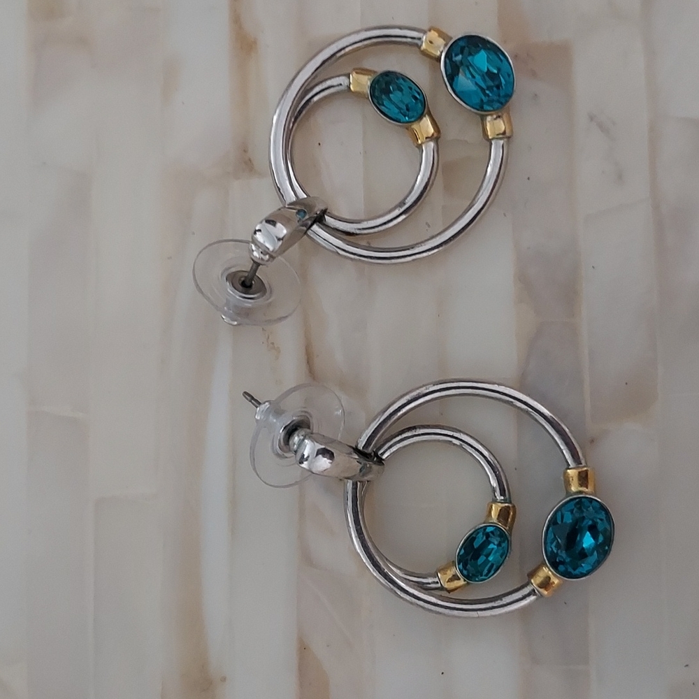 Lot of 3 earring sets:2-inch Hoops, Aqua & Purple teardrop, Circular turquoise - Picture 5 of 5